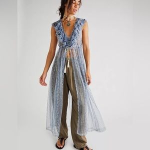 NWT Free People In Paris Maxi Top Sheer Small Blue Vintage Layer Flowy Festival